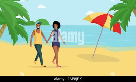 Paar auf dem Weg flache Vektorgrafiken. Lächelnder afroamerikanischer Mann und Frau, die die Hände auf Cartoon-Figuren im Freien halten. Glückliche Menschen an einem romantischen Tag, Flitterwochen im tropischen Resort Stock Vektor