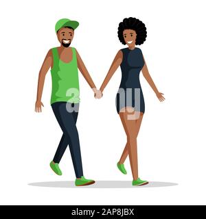 Personen, die die Hände flach halten, Vektorgrafiken. Das junge afroamerikanische Paar verbringt Zeit mit Zeichentrickfiguren. Glückliches Ehepaar in Liebe, Ehemann und Frau auf einem Spaziergang, romantisches Datum Stock Vektor