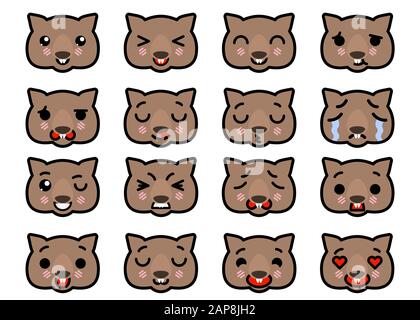 Setzen Sie Ikonen Emoji Wombats mit verschiedenen Emotionen. Vektorgrafiken Stock Vektor