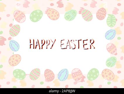 Frohe osterpostkarte mit Ostereiern. Horizontales Banner. Vector Pastell Feiertage Hintergrund. Scrapbooking-Rahmen. Handgezeichneter Schriftzug. Einladung, B. Stock Vektor