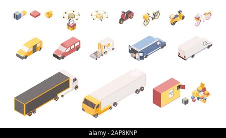 Symbole für den Lieferservice isometrische Abbildungen. Verschiedene Transportfahrzeuge, Logistiklager isoliert auf weißem Hintergrund. Cartoon-Drohnen, Roller, LKWs für den Warenversand Stock Vektor