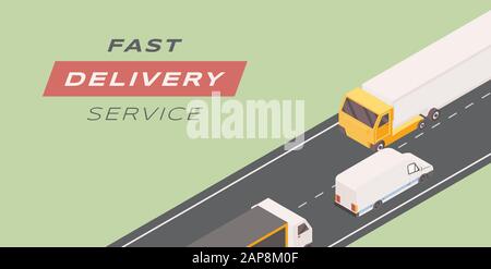 Isometrische Banner-Vorlage für schnelle Bereitstellung. Cartoon-Cargo-Fahrzeuge, Transporter auf der Autobahn. Internationale Werbung für die Warenlieferung, Logistikdienste für den Versand von Waren, Promo Poster Design Stock Vektor