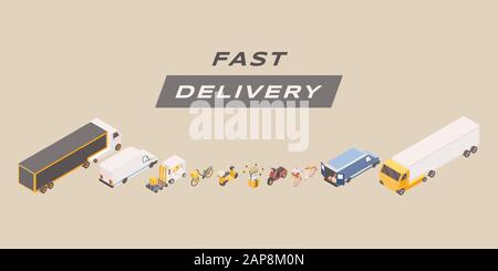 Isometrische Vektorbannervorlage für schnelle Lieferung. Verschiedene Cargo Vehicles, Vans, Roller Illustrationen. Logistikunternehmen Express Shipment Anzeigen, Transport Service Werbeplakat Design Stock Vektor