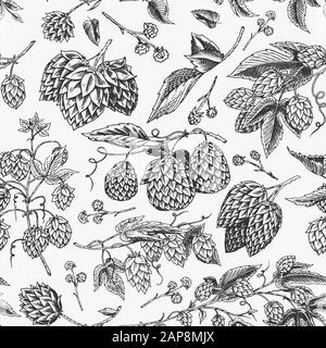 Nahtloses Hops- und Barley-Muster. Malzbier. Eingravierte handgezeichnete Kollektion aus Vintage. Skizze für Web- oder Pub-Menü, Poster oder Banner. Designelemente Stock Vektor