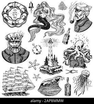 Nautisches Abenteuer. Leuchtturm, Meerjungfrau und Kapitän der Marine, Oktopus- und Schiffssegel, alter Segler, Meereswellen, Seemann und Rettungsschwimmer. Hand Stock Vektor