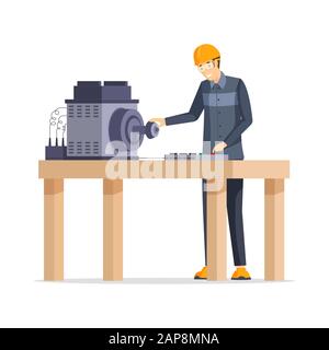 Abbildung flacher Vektoren für Werkarbeiter. Mitarbeiter des Produktionswerks, der hinter der Zeichentrickfigur der Workstation steht. Lassen Sie den Bediener in Schutzhelm und Brille einarbeiten, die mit Industrieausrüstung arbeiten Stock Vektor