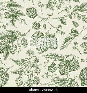 Nahtloses Hops- und Barley-Muster. Malzbier. Eingravierte handgezeichnete Kollektion aus Vintage. Skizze für Web- oder Pub-Menü, Poster oder Banner. Designelemente Stock Vektor