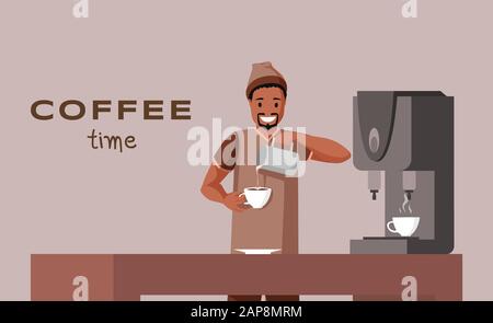 Vektor-Vorlage für die Kaffeezeit mit flachem Banner. Barista Beruf, Kaffeehaus, Werbeplakat Café Konzept. Junger afroamerikanischer Mann, der köstliche Getränkeabbildung mit Typografie vorstellt Stock Vektor