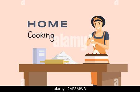 Home Kochen Flat Banner Vektor Vorlage. Professionelle Backkurse, Konditorei, Werbeplakat für Backwaren. Junger Bäcker, Hausfrau, die mit Typografie köstliche Kuchenillustration macht Stock Vektor