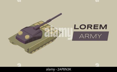 Moderne Arme-Flat-Banner-Vektorvorlage. Militär-Artillerie-Plakatkonzept mit gepanzertem Kampfpanzer. Spezialeinsatzkräfte, isometrische Darstellung schwerer Maschinen mit Typografie auf Khaki-Hintergrund Stock Vektor