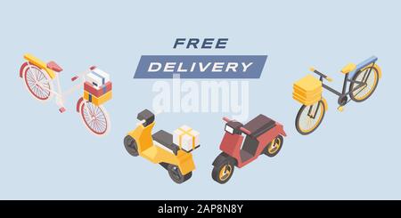 Isometrische Banner-Vorlage für freie Lieferung mit Vektor. Cartoon-Fahrräder, Roller und Motorräder Illustrationen. Express Urban Goods Shipment, Quick Food Delivery Advertising Poster Design Stock Vektor