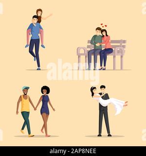 Happy Couples - flache Vektorgrafiken. Männer und Frauen in der Liebe verbringen Zeit mit Cartoon-Figuren. Freundinnen und Freunde, die Spaß haben, umarmen, Hände halten, Ehemann, der Frau trägt Stock Vektor