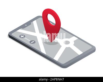 Isometrische Vektordarstellung der GPS-Navigator-Anwendung. Volumetrisches Smartphone mit Stadtplan und Ortszeiger isoliert auf weißem Hintergrund. Mobile Navigationssoftware, intelligente Technologie Stock Vektor