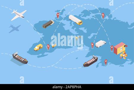 Isometrische Darstellung des weltweiten Warenversands. Weltweiter Lieferservice mit internationalen Handelsrouten und verschiedenen Transportmitteln. Logistikunternehmen transatlantische Frachtschifffahrt Stock Vektor