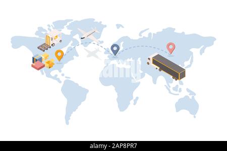 Isometrische Darstellung des Transports transatlantischer Waren. Internationales Logistikunternehmen mit Transportterminaleinheit in Europa. Weltweite Handelsroute, Frachtfahrzeuge und Konzept für den Luftversand Stock Vektor