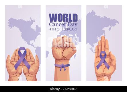 Weltkrebs-Tag-Poster mit Händen und Band Stock Vektor