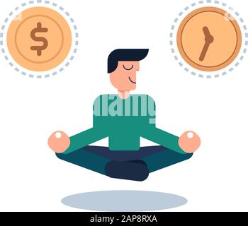 Cartoon-Mann fand sein Gleichgewicht mit Zeit und Geld. Der Mensch sitzt und besonnen meditiert in lotus in Zen-Frieden und mentaler Ruhe. Flacher Vektor Stock Vektor