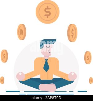 Geschäftsmann, Yoga und Geld. Geschäftsleute meditieren mit Bargeld. Yogi-Manager. Geschäftsmann, der in lotus-position sitzt und auf Münzstapeln meditiert. Ve Stock Vektor