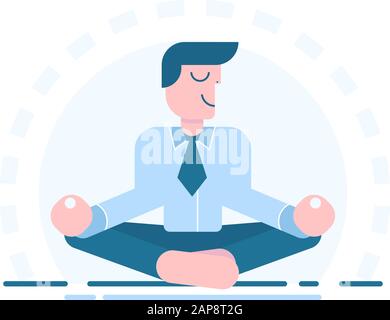 Büromeditation. Geschäftsmann, der im Yoga lotus sitzt, kann sich entspannen. Vektor-Cartoon-Flat Character auf weißem Hintergrund. Stock Vektor