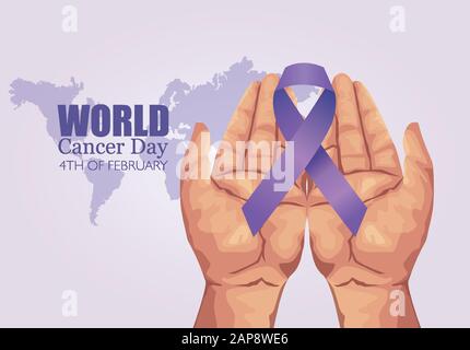 Weltkrebs-Tag-Poster mit Händen und Band Stock Vektor