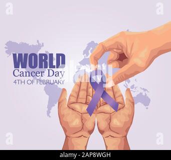 Weltkrebs-Tag-Poster mit Händen und Band Stock Vektor