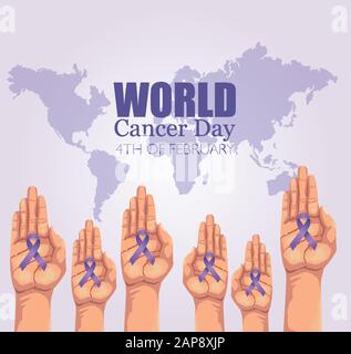 Weltkrebs-Tag-Poster mit Händen und Band Stock Vektor