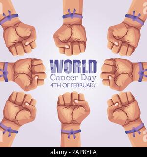 Weltkrebs-Tag-Poster mit Händen und Band Stock Vektor