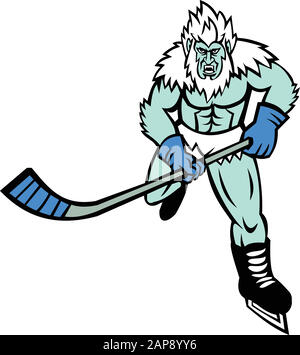 Maskottchen-Ikone Illustration eines wütenden Yeti oder Abscheulichen Snowman, einer folklorischen Affe-ähnlichen Kreatur, mit Hockeyschlägern, die von vorne Eishockey spielen Stock Vektor