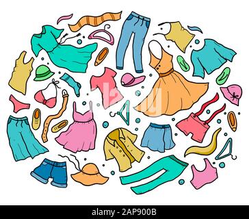 Handgezeichnetes Set aus Sommerkleidung und Accessoires für Frauen, Rock, Shorts, Hose, Jeans, Kleid, Jacke. Design mit Skizzenstil im Doodle. Vektorgrafiken. Stock Vektor