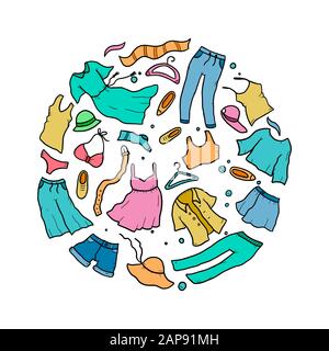 Handgezeichnetes Set aus Sommerkleidung und Accessoires für Frauen, Rock, Shorts, Hose, Jeans, Kleid, Jacke. Design mit Skizzenstil im Doodle. Vektorgrafiken. Stock Vektor