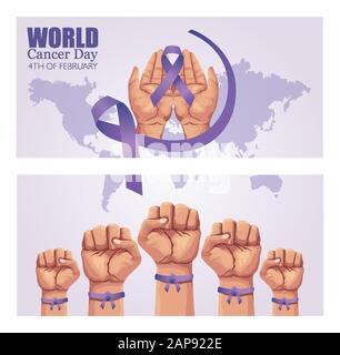 Weltkrebs-Tag-Poster mit Händen und Band Stock Vektor