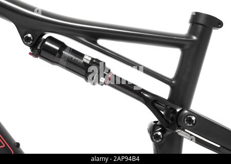 Spezieller Rockshox Hinterhirnschock auf weißem Hintergrund Stockfoto
