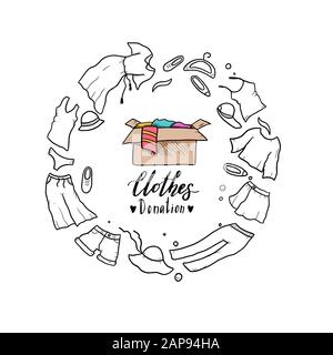 Hand gezeichnet Abbildung: Kleider spenden, Nächstenliebe, Care Concept. Doodle Skizze Stil Elemente der Kleidung, Spendenbox für Logo, Banner, Icon Design. Vector Illustration. Stock Vektor