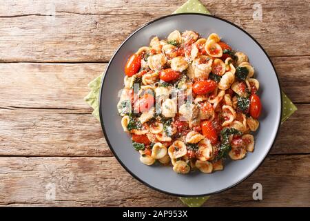 Vegetarische italienische Nudelorecchiette mit Spinat in Tomatensauce in einem Teller auf dem Tisch. Horizontale Draufsicht von oben Stockfoto