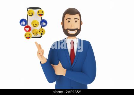 Cartoon-Charakter, Unternehmer im Anzug mit Zeigefinger auf Handy. Konzeptsymbol Emoji. 3D-Rendering Stockfoto