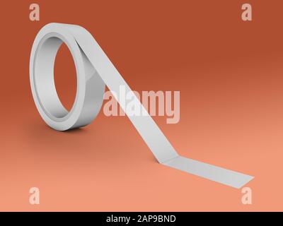 Eine Rolle Klebeband auf rotem Hintergrund. 3D-Rendering. Stockfoto