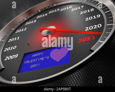 Der Tacho zeigt 2021 und die Aufschrift auf dem Bildschirm: Happy Valentine's Day. 3D-Rendering Stockfoto
