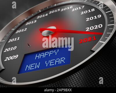 Der Tacho zeigt 2021 und die Aufschrift auf dem Bildschirm an: Frohes neues Jahr. 3D-Rendering Stockfoto
