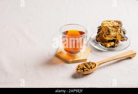 Heiltee aus Chaga-Birkenpilzen in einem Glaskup. Organisches Getränk antioxidativer grauer Hintergrund. Das Konzept der gesunden Ernährung und des Lebensstils. Hori Stockfoto