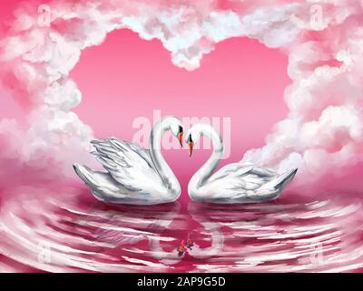 Zwei White Swan Vögel auf einem Teich zusammen auf dem Hintergrund der Himmel mit Wolken in der Form eines Herzens, das Symbol der Liebe, Valentinstag Karte, weddin Stockfoto