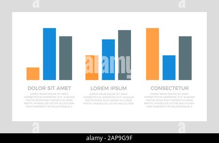 Set aus blauen und orangefarbenen, schwarzen Elementen für Infografiefolien mit Diagrammen, Diagrammen, Schritten, Pfeilen und Zahlenoptionen. Stock Vektor