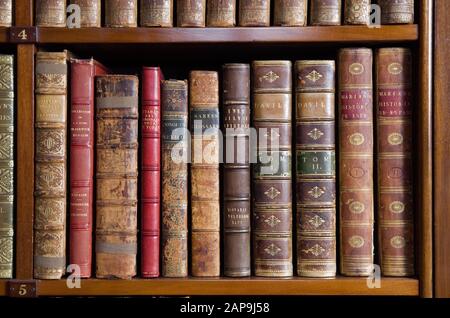 Leder-Bücher in den Regalen in der Bibliothek in Hughenden Manor, Buckinghamshire, Sitz des Premierministers Benjamin Disraelis zwischen 1848 und 1881. Stockfoto