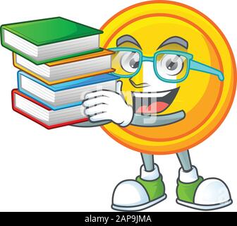 Cooler und cleverer chinesischer Goldmünzen-Maskottchen-Cartoon mit Buch Stock Vektor