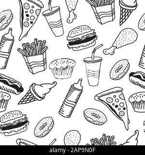 Fast Food, nahtloses Muster. Burger, Pizza, heißer Hund, pommes frites, Hühnerbein, Getränk in Tasse, Eis, Cupcake, Donut, Ketchup-Ikonen. Schlichtes Schwarz Stock Vektor