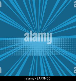 Comic-Pop-Art-Retro-Hintergrund mit Halbtonpunkten und Radialstrahlen. Vektordarstellung des blauen Hintergrundes. Stock Vektor