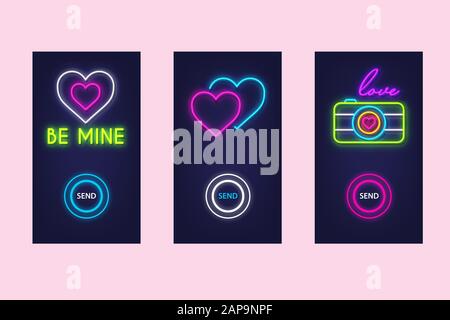 Die mobile App ist mit Glimmsymbolen aus Neon sehr gut eingerichtet. Virtuelle Liebe. UI-Design. Vektor. Stock Vektor