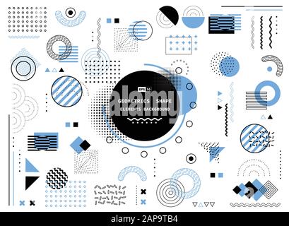 Abstrakte blaue und schwarze Memphis-Form moderner Elemente überdecken Designhintergrund. Verwendung für Poster, Grafiken, Vorlagendesign, Werbung, Druck. Illus Stock Vektor