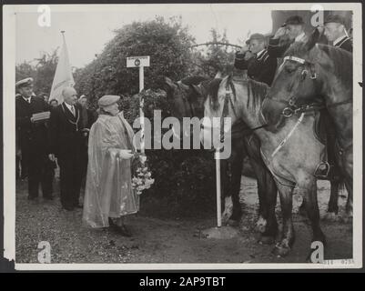 Besuch der Königin Wilhelmina in Amerzoden in der Bommelerwaard, um sich über den Fortschritt der Reparaturarbeiten und den allgemeinen Zustand in der betroffenen Gegend zu informieren. Ihre Majestät wurde auf Schloss Ammerzoden, heute Rathaus - das ehemalige Rathaus wurde während des Krieges zerstört - von Bürgermeistern der Gemeinden der Bommelerwaard empfangen. Die Königin in Bewunderung für die Pferde des ländlichen Reitvereins, vorbereitet auf den Eintritt Datum: 2. Juni 1948 Ort: Ammerzoden Schlüsselwörter: Besuche, Burgen, Königinnen, Königshaus, Pferde persönlicher Name: Wilhelmina, Königin Stockfoto
