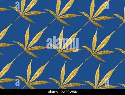 Goldgelbes Cannabis-Blatt auf klassischem blauem Hintergrund. Stockfoto