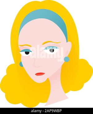 Frau Gesicht. Blond mit langen Haaren und Kopfband. Retrostyle. Stock Vektor